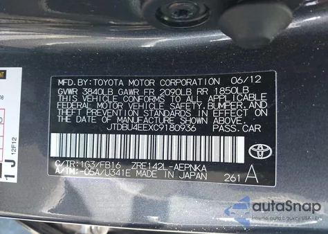 2012 Toyota Corolla Le from USA, damaged, VIN JTDBU4EEXC9180936